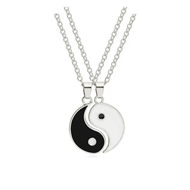 Juego de collar de cadena con dijes de Yin Yang esmaltado para 2, paz, amor, felicidad, mejores amigos, amistad para siempre, BFF, negro (plata)