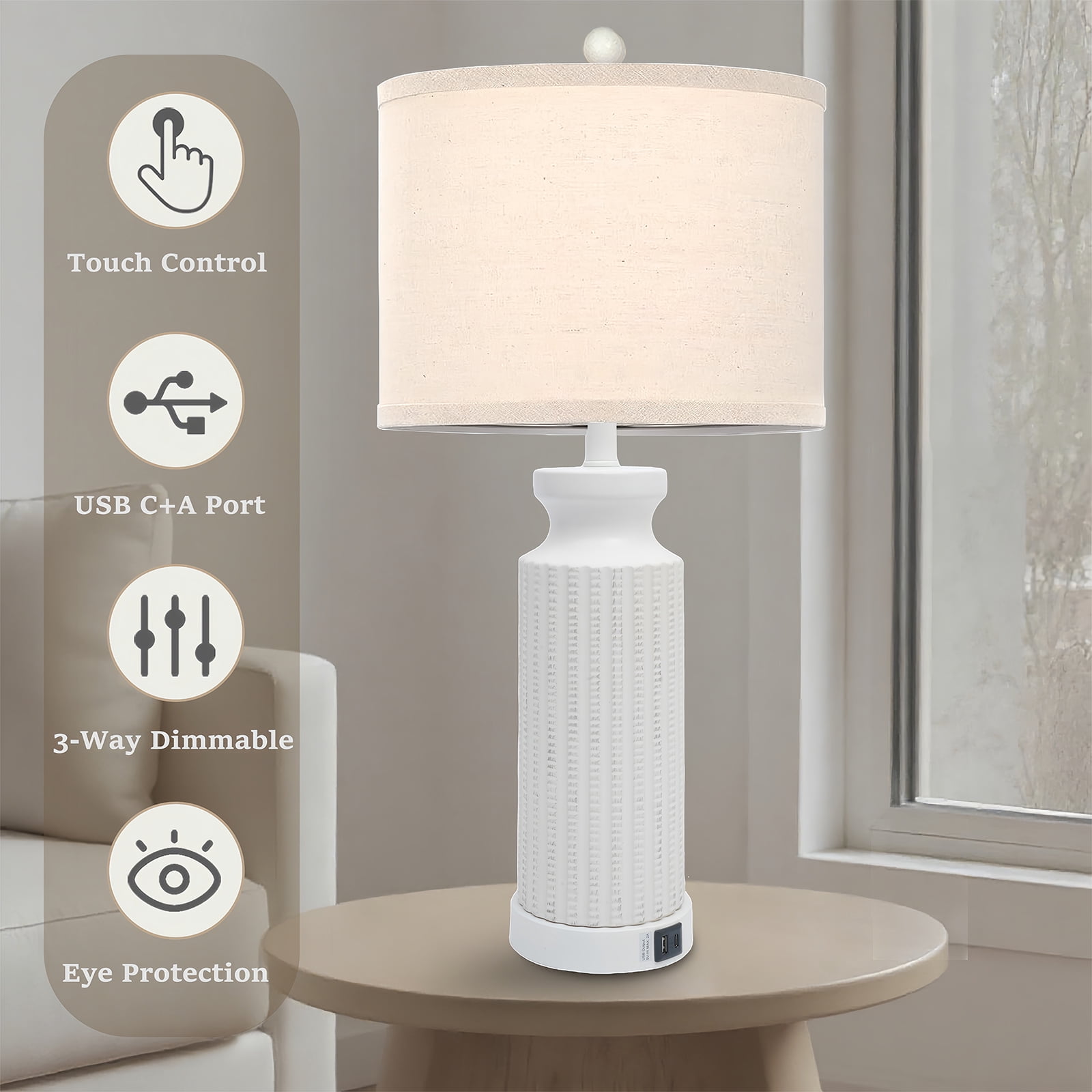 Tnuyoah Modern 28" Table Lamps Set of 2 with USB C+A Ports - 3-Way Dimmable Bedside Touch Control Lamp, Farmhouse Lamp with Beige Linen Shade for Bedroom, Living Room & Home Office
