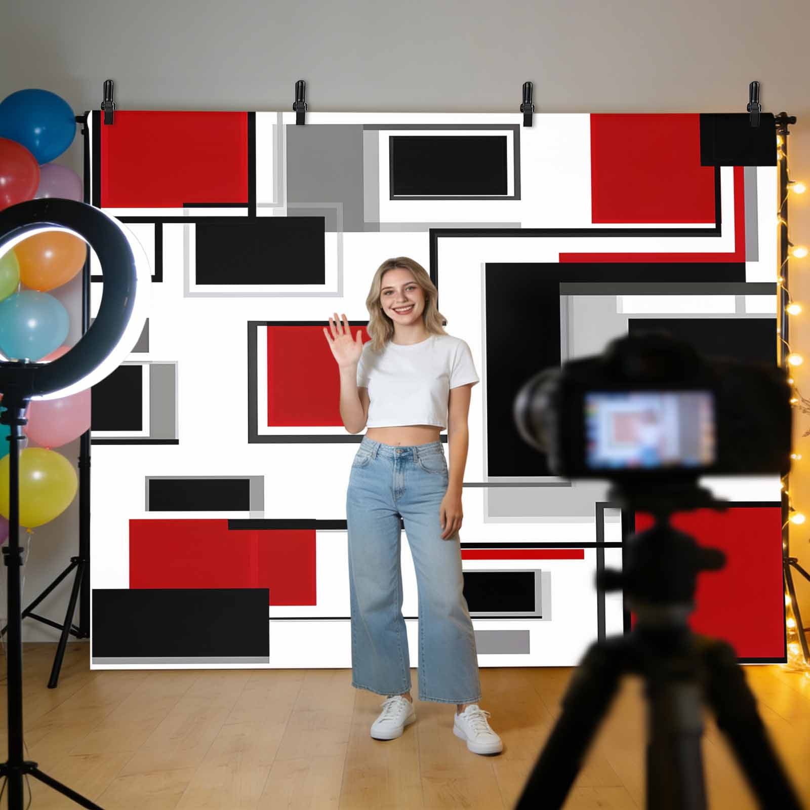 Abstract Space Design Sense Backdrop for Photography, Red Black Stitching Suqare Photo Backdrop Portrait Background Party Banner Photo Backgrounds for Studio Booth Props, 7x5ft