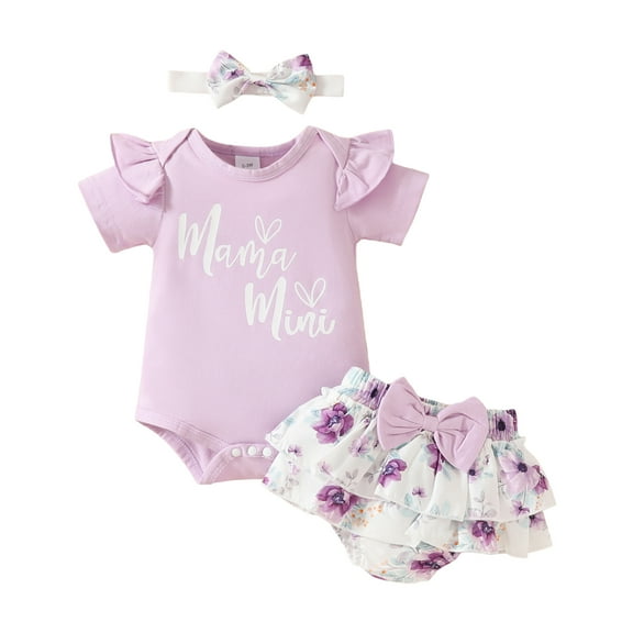 Aojekbee Baby Girls Summer Outfit Short Sleeve Romper Floral Ruffle Shorts Headband Set Newborn Clothes