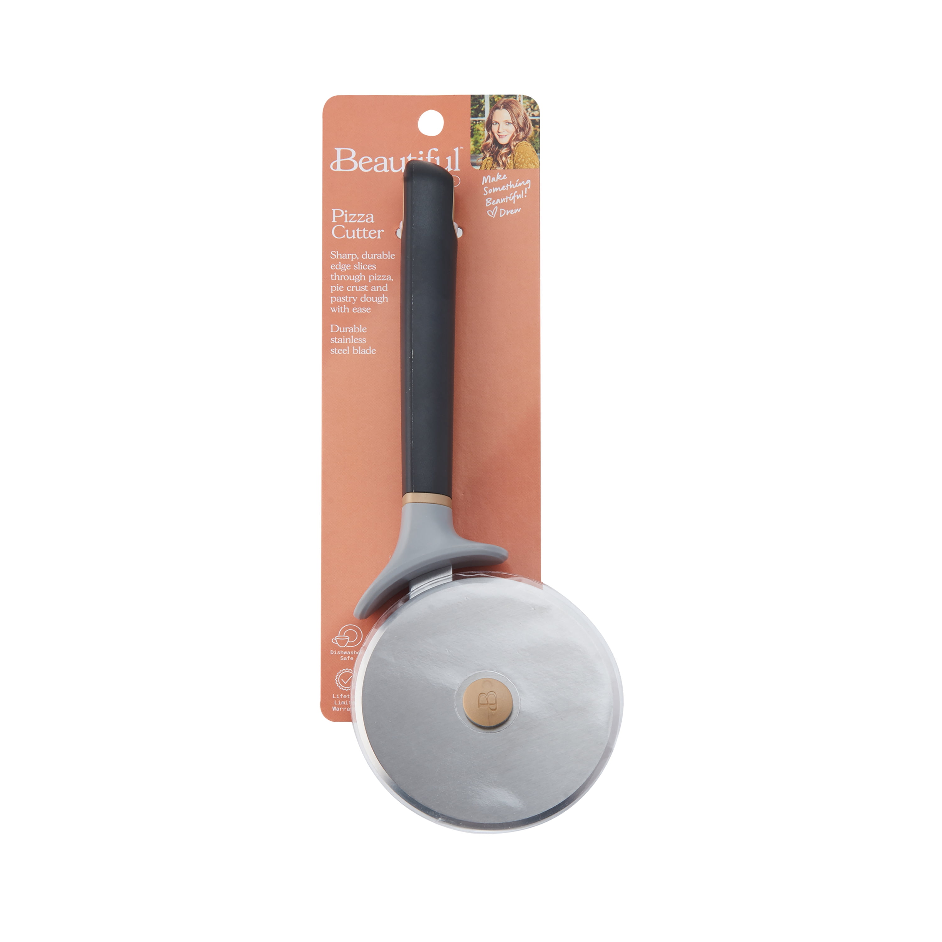 Beautiful Pizza Cutter with Stainless Steel Wheel in Black Sesame by Drew Barrymore