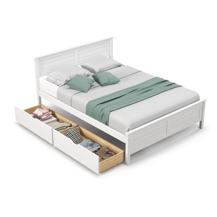 Full Size Bed Frame with Storage, Solid Wood Headboard - White Platform Bed with Drawers