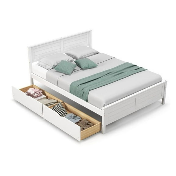 Full Size Bed Frame with Storage, Solid Wood Headboard - White Platform Bed with Drawers