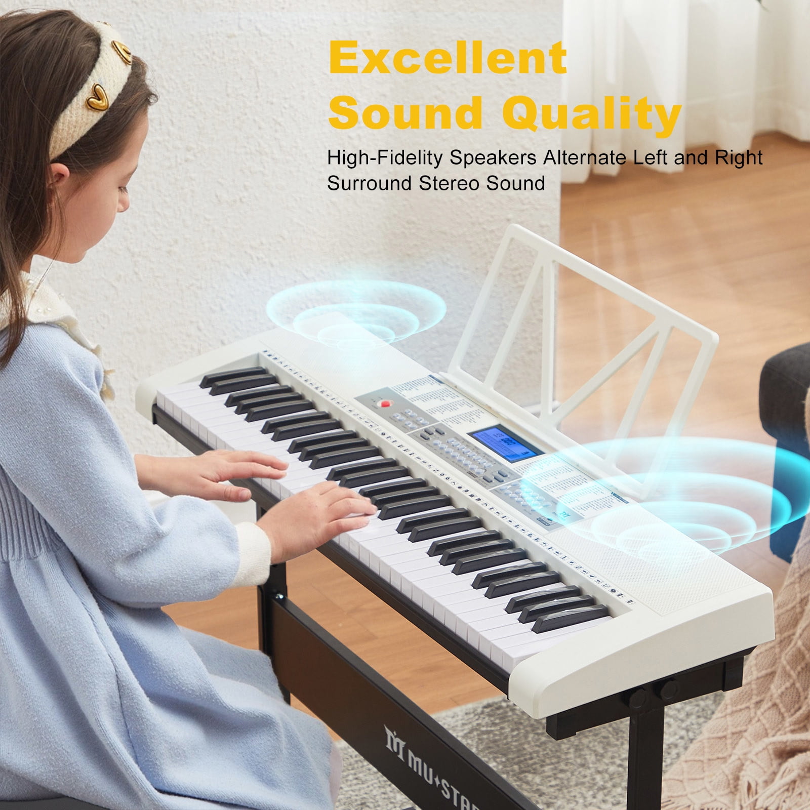Mustar 61 Key Electric Lighted Keyboard Piano with 255 Tones/Rhythms, Smart Learning System, Headphone, Microphone, Keyboard Stand, Stool, Stickers (White)