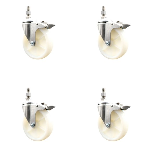 5 Inch 316SS Nylon Wheel Swivel ½ Inch Threaded Stem Caster Set Lock Brake SCC