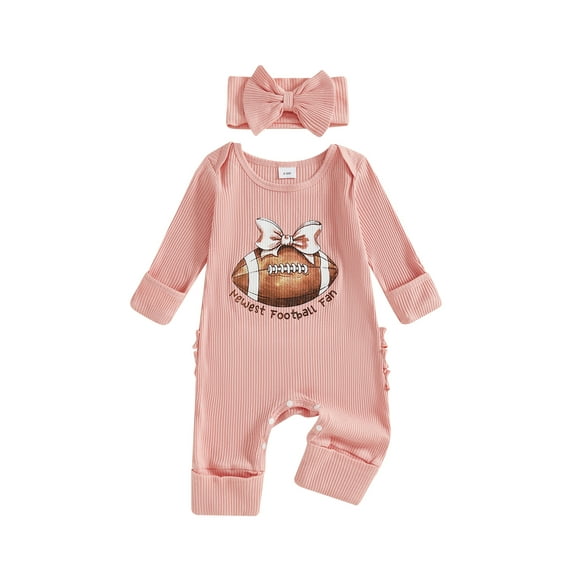 Qmyliery Newborn Baby Girl Fall Outfit Football/Golf Print Long Sleeve Ribbed Romper Bow Headband 2 Piece Set