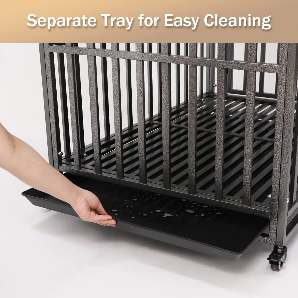 SMONTER Heavy Duty Dog Crate-42 inch Large Metal Dog Cage with 2 Doors and 4 Wheels, Stackable Dog Kennel for Large & Medium Dogs, Removable Tray