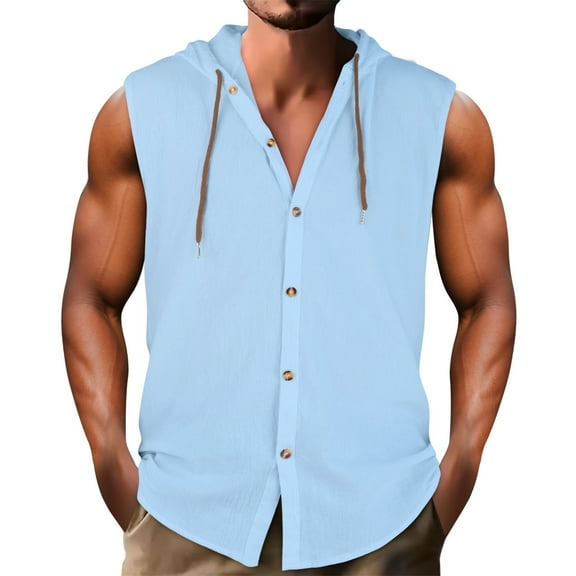 Mens Casual Button Down Shirts Summer Solid Color Hooded Sleeveless Hawaii Tops Activewear