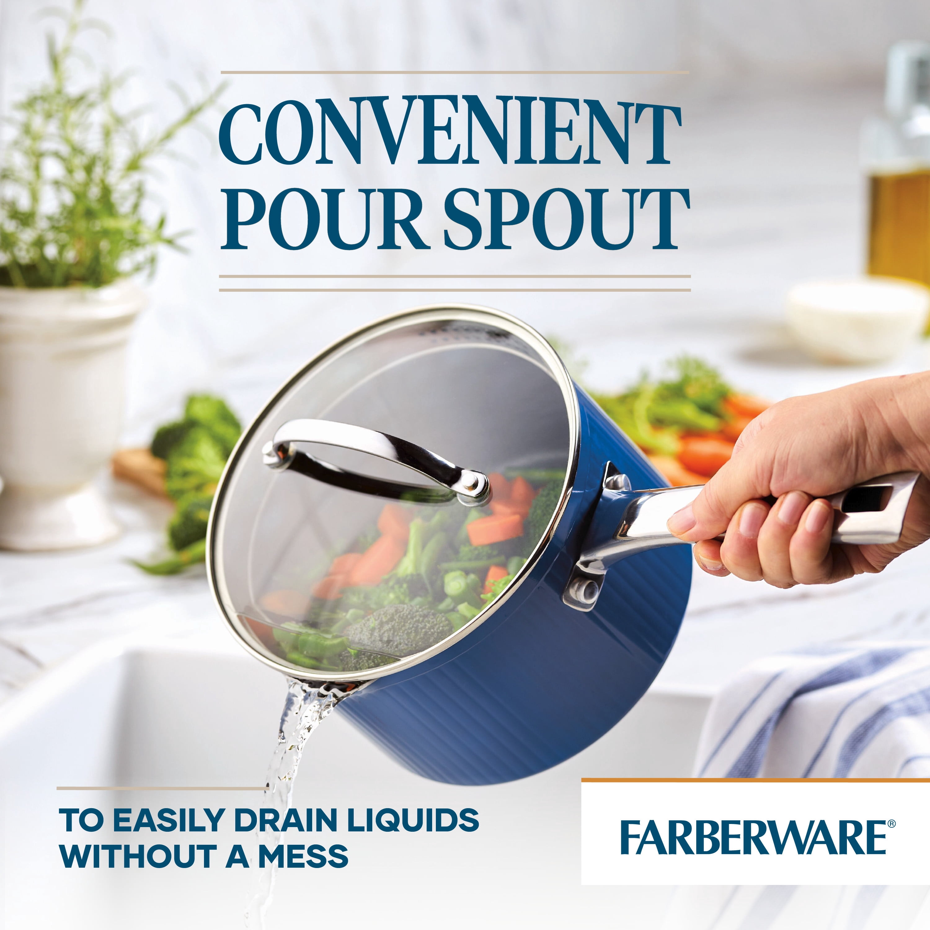 Farberware Style 3 Quart Nonstick Straining Saucepan with Tempered Glass Lid, Dishwasher Safe, Oven Safe to 500°F