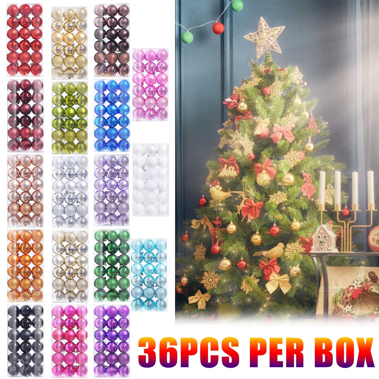 36pcs Christmas Tree Decoration Set Including 36 Pcs Shiny Balls,  Electroplating Balls And Hanging Accessories For Christmas Scene Layout