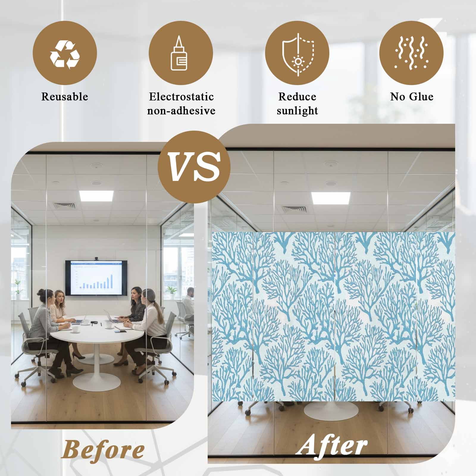 Watercolor Coral Window Privacy Film, Light Blue Coastal Frosted Glass Window Clings Static Cling UV Heat Blocking Reusable Door Sticker for Bathroom 23.6 x 59 Inch