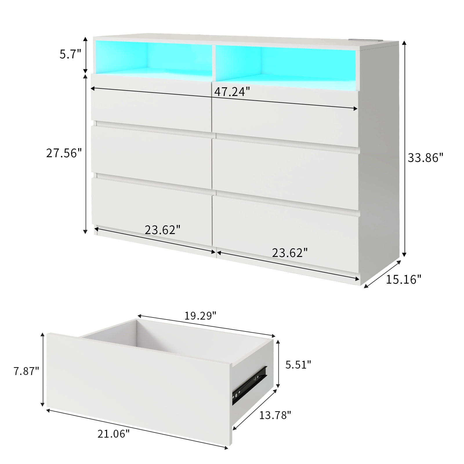 White Dresser 6 Drawer for Bedroom Modern LED Lights Double Dresser Wide Chest of Drawers with Charging Station Storage Wood Cabinet for Bedroom,Entryway