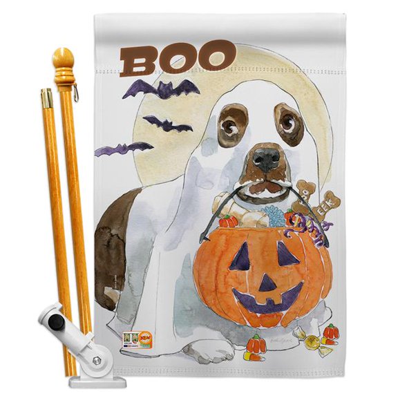 Breeze Decor BD-HO-HS-112086-IP-BO-D-US18-WA 28 x 40 in. Halloween Boo Doggie Fall Impressions Decorative Vertical Double Sided House Flag Set with Pole Bracket & Hardware