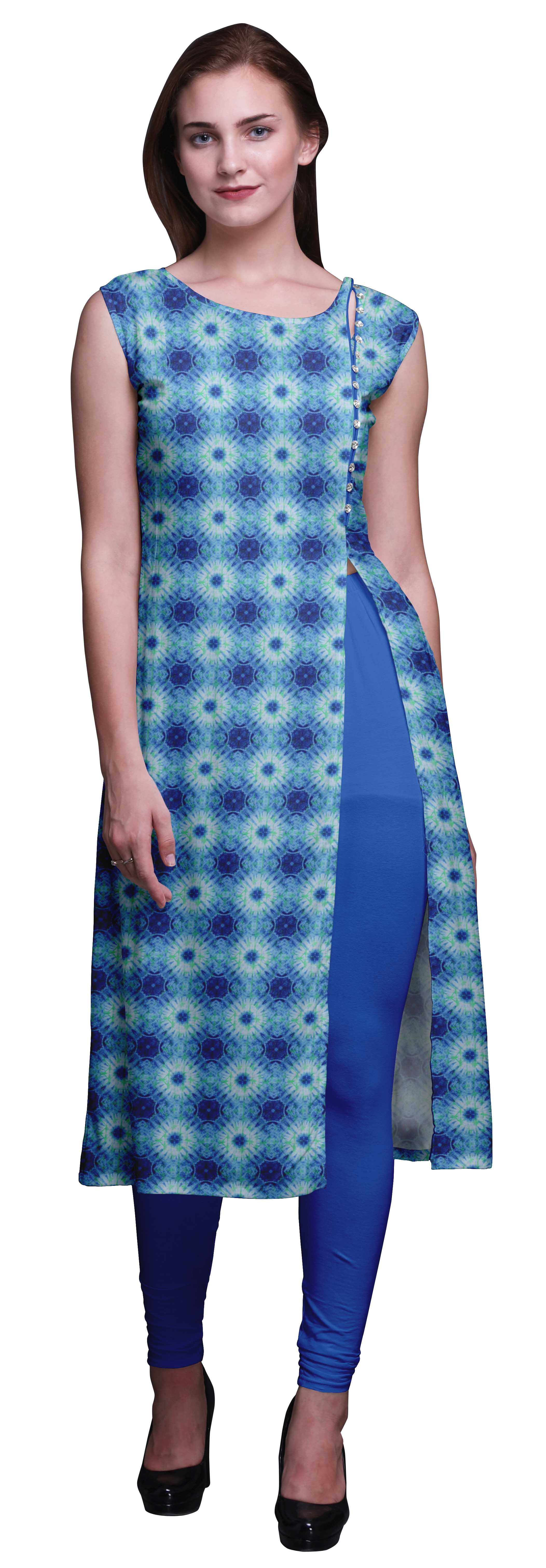 Details about   Women Indian Dress Blue Straight Printed Kurta Boat Neck Long Sleeve Cotton 