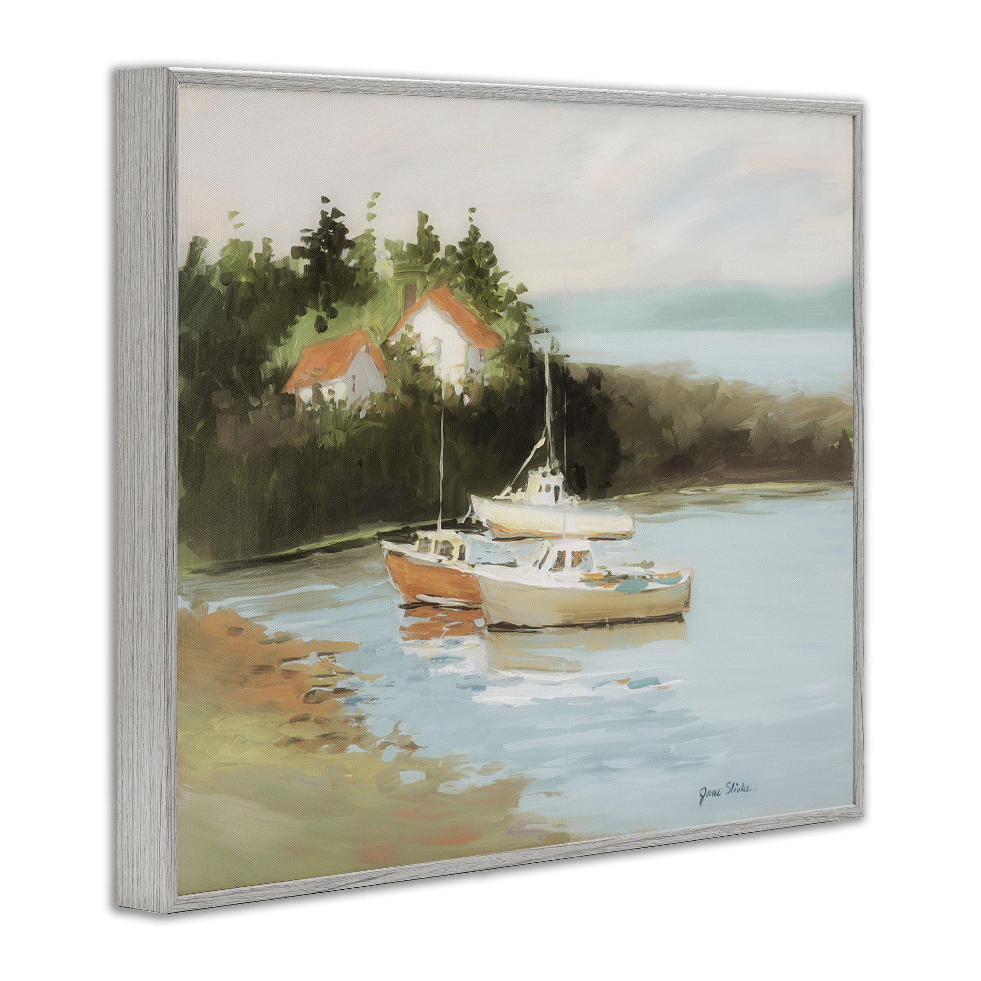 Stupell Industries Calm Boat Harbor Coastal Painting Gray Framed Art Print Wall Art, 20 x 16