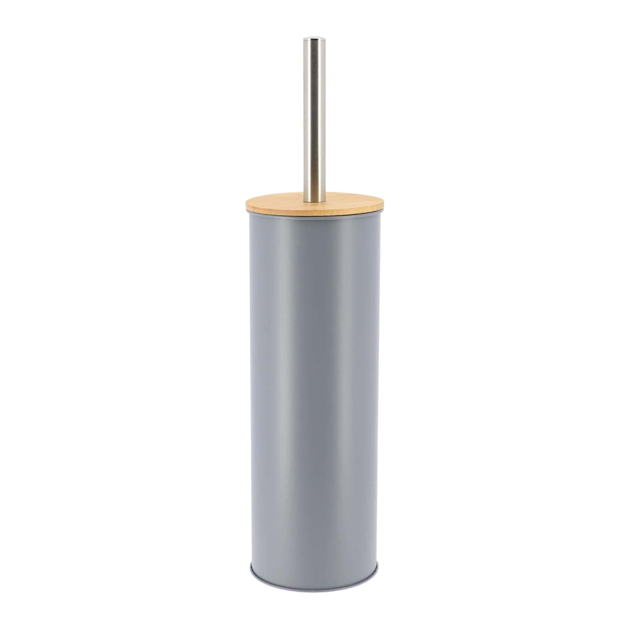 Gray Metal Toilet Brush and Holder Set With Bamboo Lid