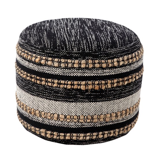 LR Home Round Black/Gray Striped Cotton and Jute Pouf Ottoman, 14" H x 18" W