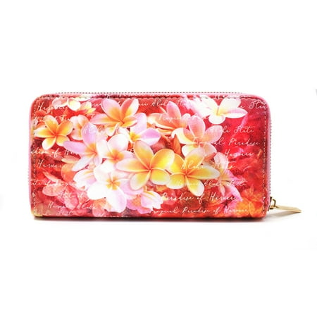 - Hard case zip around multiple slots zipped pocket inside Hawaiian Print Wallet in Pink Plumeria
