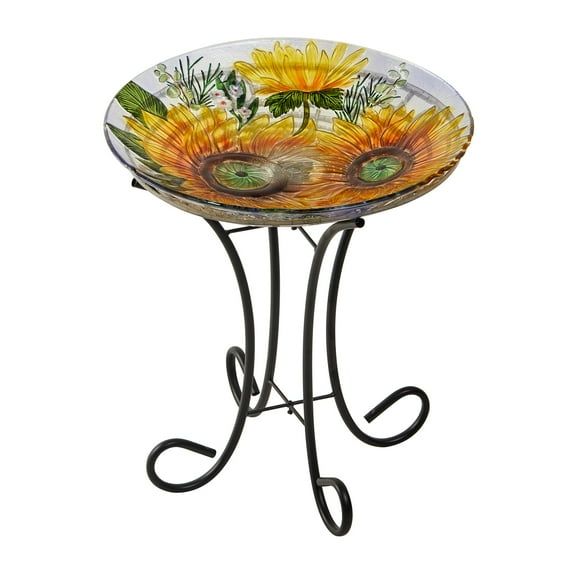 18" Solar Hand Painted Embossed Glass Bird Bath with Stand, Harvest Sunflowers