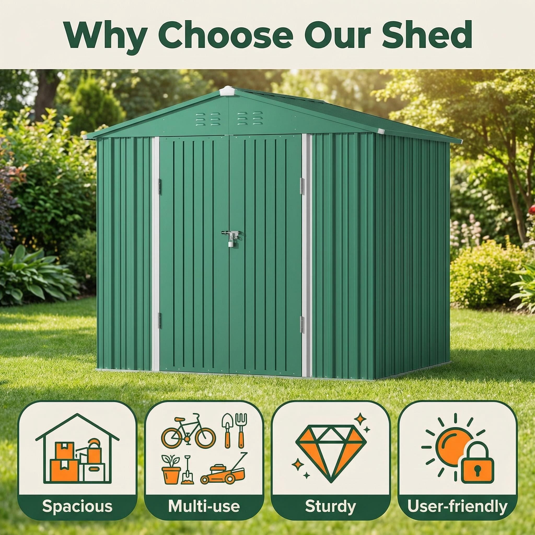 Storage Shed, Lofka 8x6 FT All-Weather Metal Shed with Lockable Doors, Waterproof & Rust-Resistant for Outdoors, Green