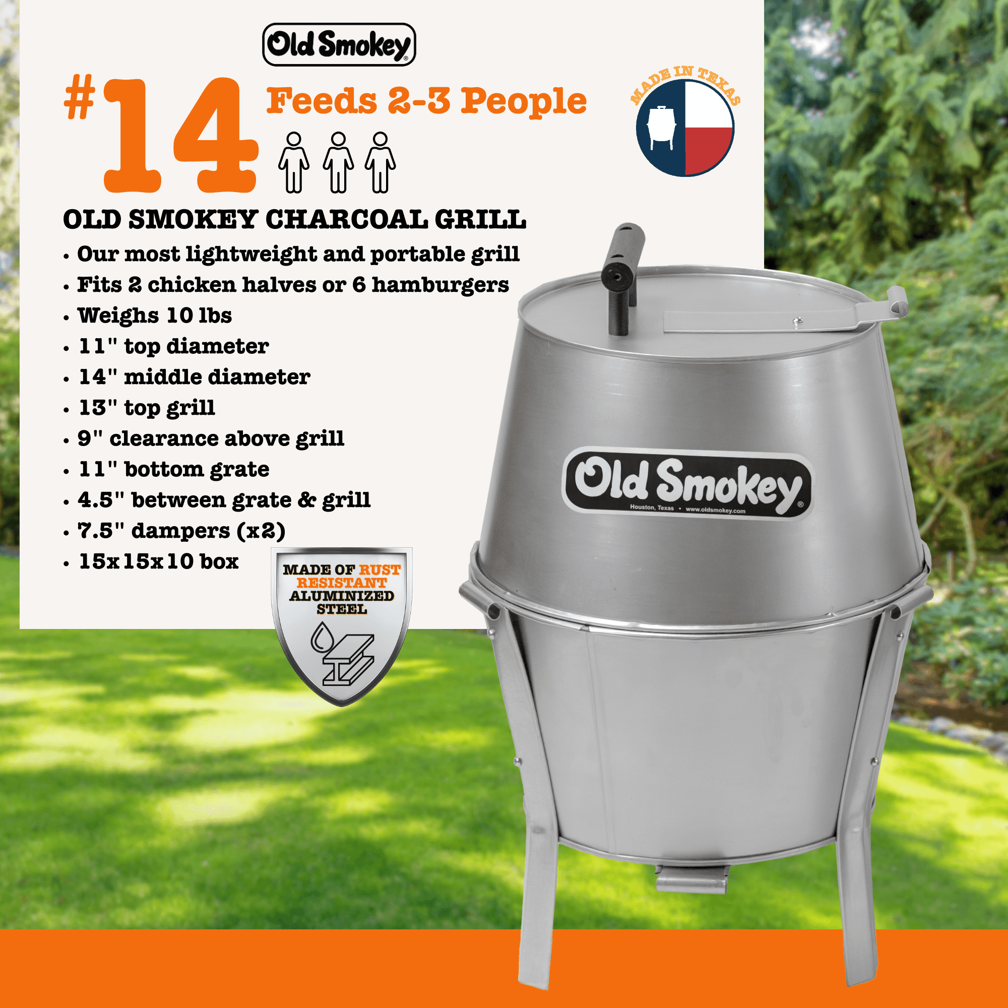 Old Smokey 14 inch Portable Charcoal Grill, Durable Steel BBQ Grill