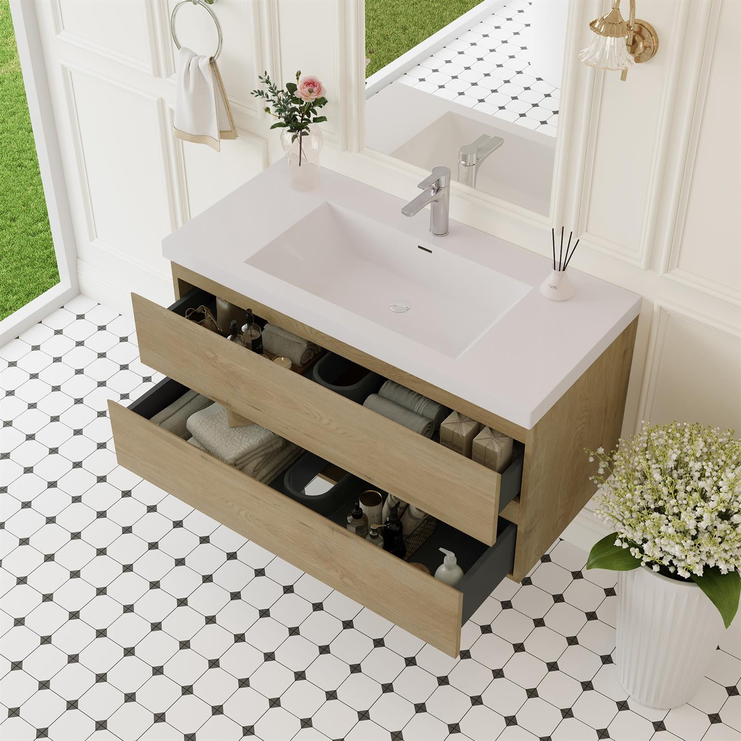 Demi Bonn 42" Floating Bathroom Vanity with Sink, Resin Top Basin and 2 Soft Close Drawers, Faucets and Drains Not Included, Brown