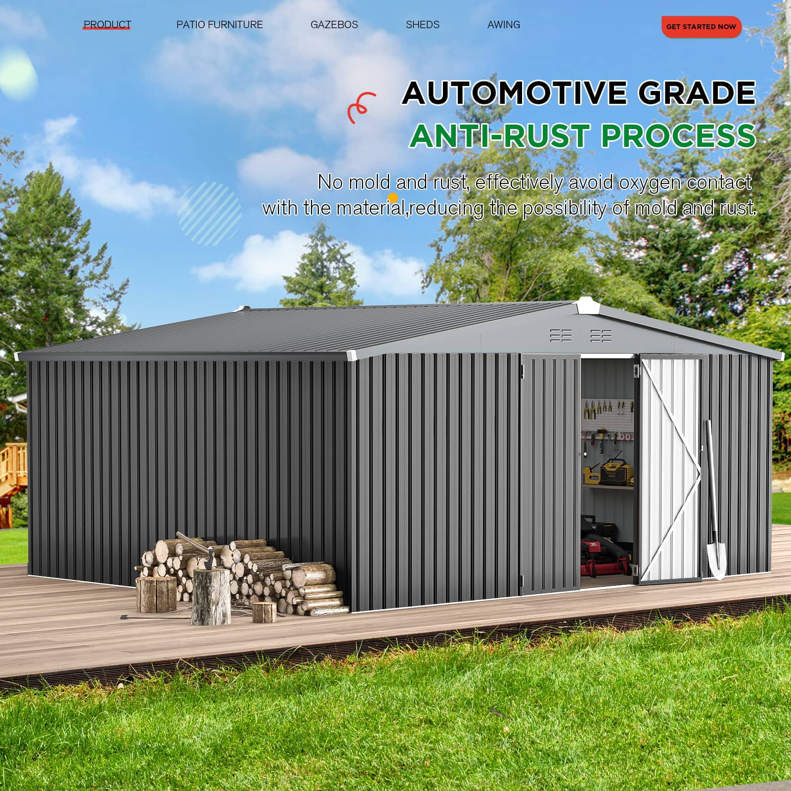 AECOJOY 14' x 12' Outdoor Storage Shed with Lockable Door Patio Metal Garden Storage Building in Dark Gray for Outside