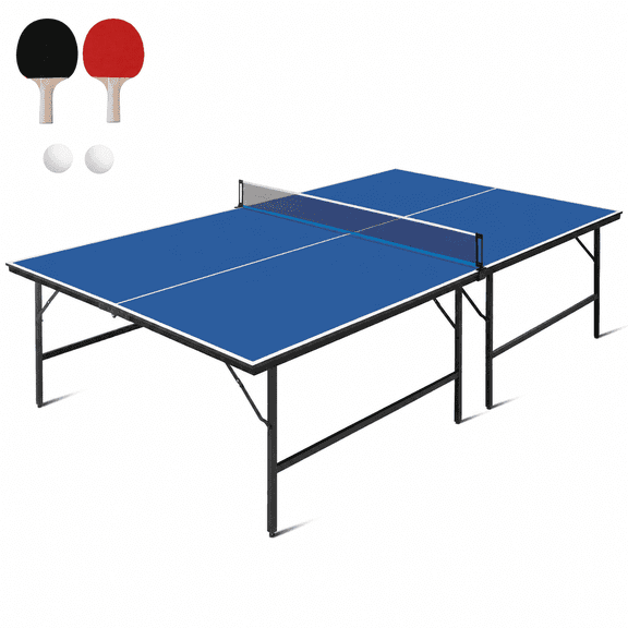 9' Foldable Ping Pong Table Set, Indoor Outdoor Table Tennis Game Table with Net, 2 Paddles & 2 Balls, Portable for Home Game Room