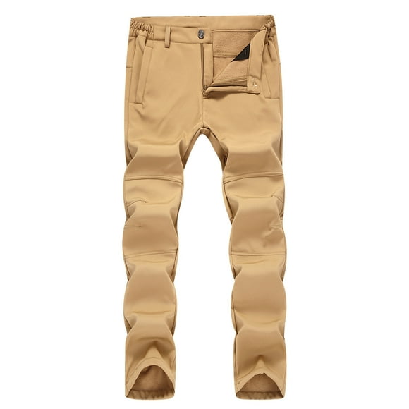 Lovzfmll Men's Heavy-Duty Winter Hiking Pants, Waterproof, Windproof, Fleece Lined, Multiple Pockets for Adventure Khaki, L