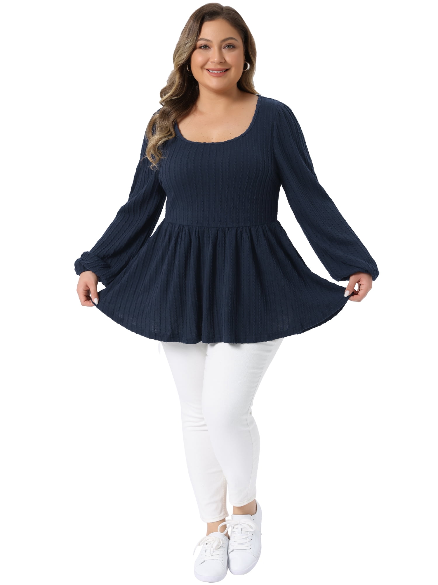 DARING DIVA Women's Plus Blouses Scoop Neck Ruffle Hem Peplum Knit Top 1X Dark Blue