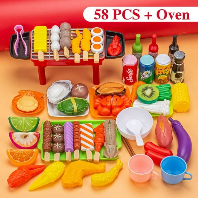 Kids Pretend Play Kitchen Toys Mini Food Toys Simulation Cookware Cooking BBQ Oven Kit Role Play Game Educational Gift Children