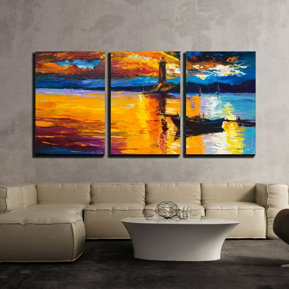 wall26 - 3 Piece Canvas Wall Art - Original Oil Painting of Lighthouse and Boats on Canvas - Modern Home Art Stretched and Framed Ready to Hang - 16"x24"x3 Panels