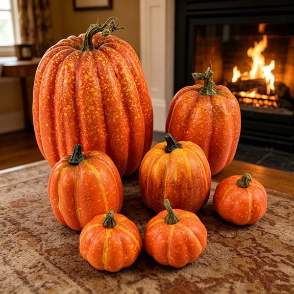 Mskk 7Pcs Faux Pumpkin Set Halloween Decoration, Orange Pumpkin Ornaments, Artificial Foam Pumpkins Outdoor Decor for Halloween Home Decorations