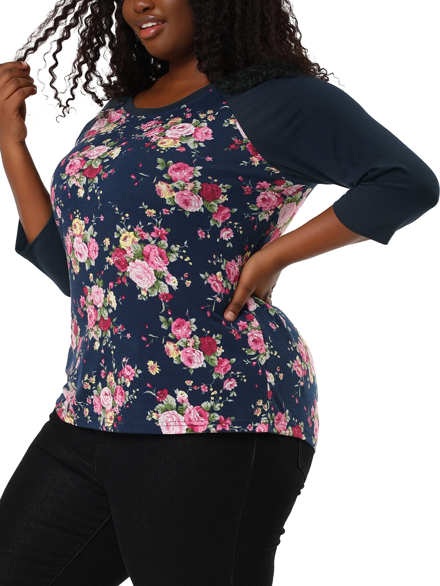 DARING DIVA Women's Plus Size Raglan Crewneck 3/4 Sleeve Floral Tunic Tee 2X Navy Blue