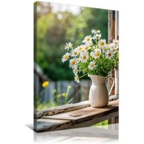 Framed Flowers Canvas Wall Art Daisies in Ceramic Pot on Rustic Wooden Windowsill Farmhouse Green Nature Background Painting for Living Room Bedroom Home Decor Ready to Hand 12x16in