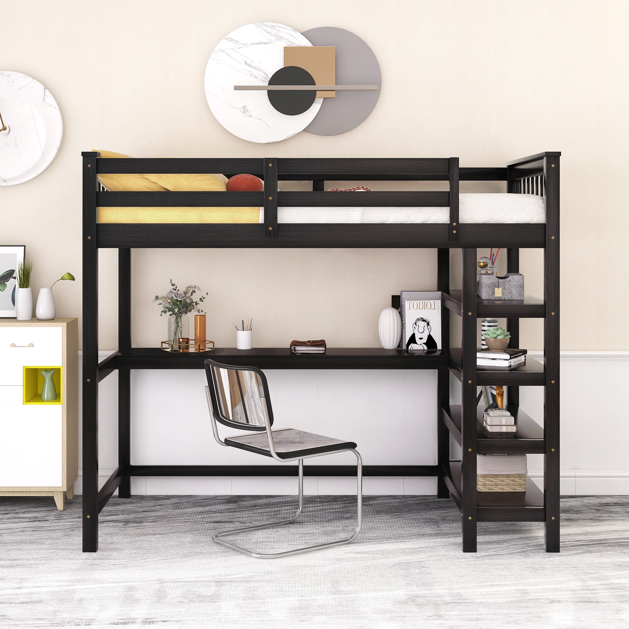 Euroco Wood Twin Loft Bed with Desk for Kids, Espresso