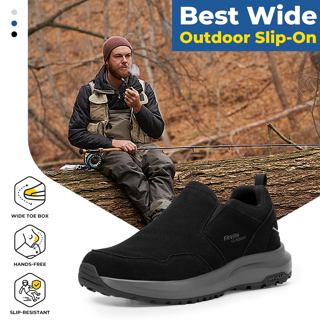 FitVille Mens Wide Hiking Shoes Slip on Outdoor Walking Shoes Mountain Sneaker Loafers