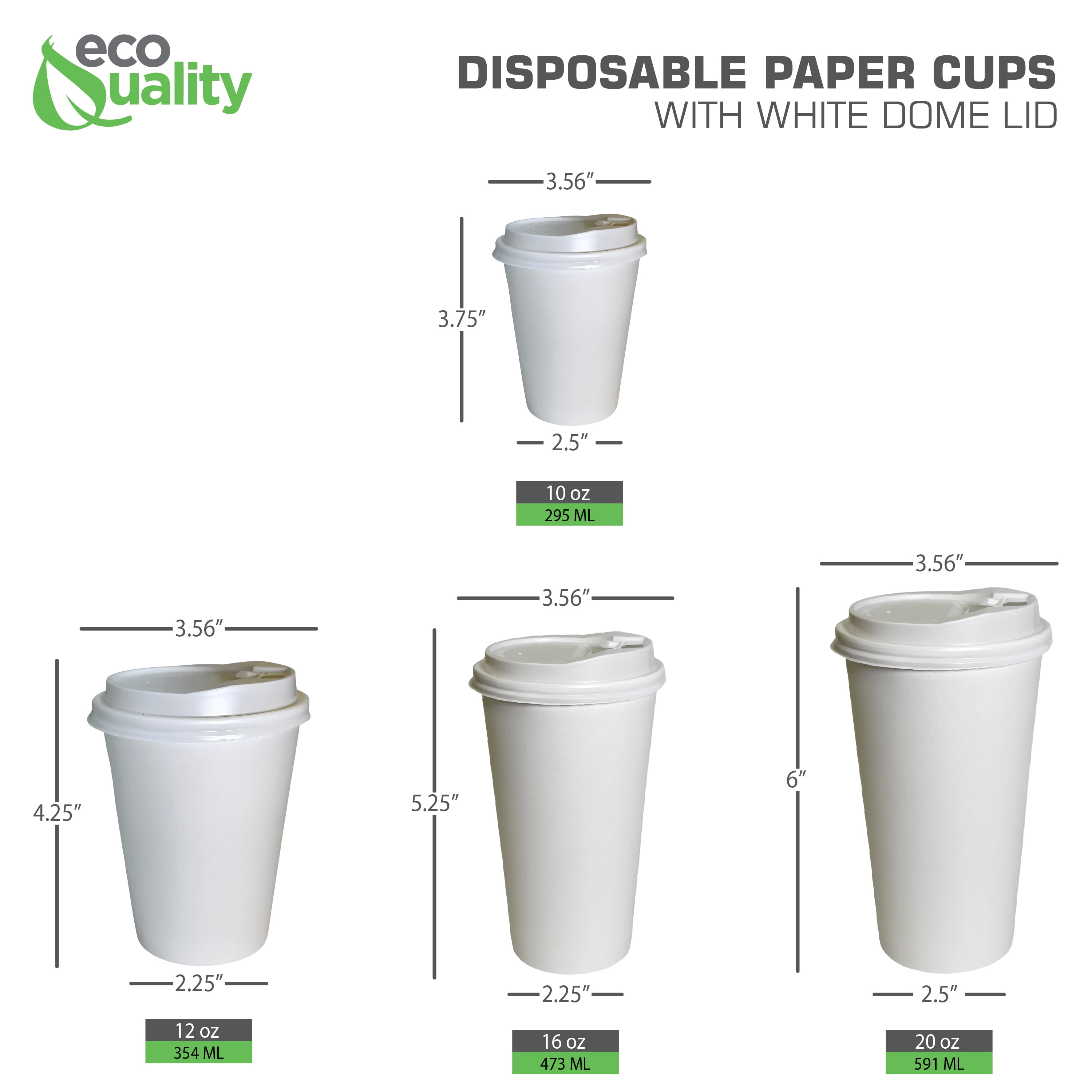 EcoQuality 16 oz White Hot Drink Paper Cups with White Dome Lids - Disposable Paper Coffee Cups perfect for Tea, Latte's, Coffee Shops, Restaurant Grade (25)