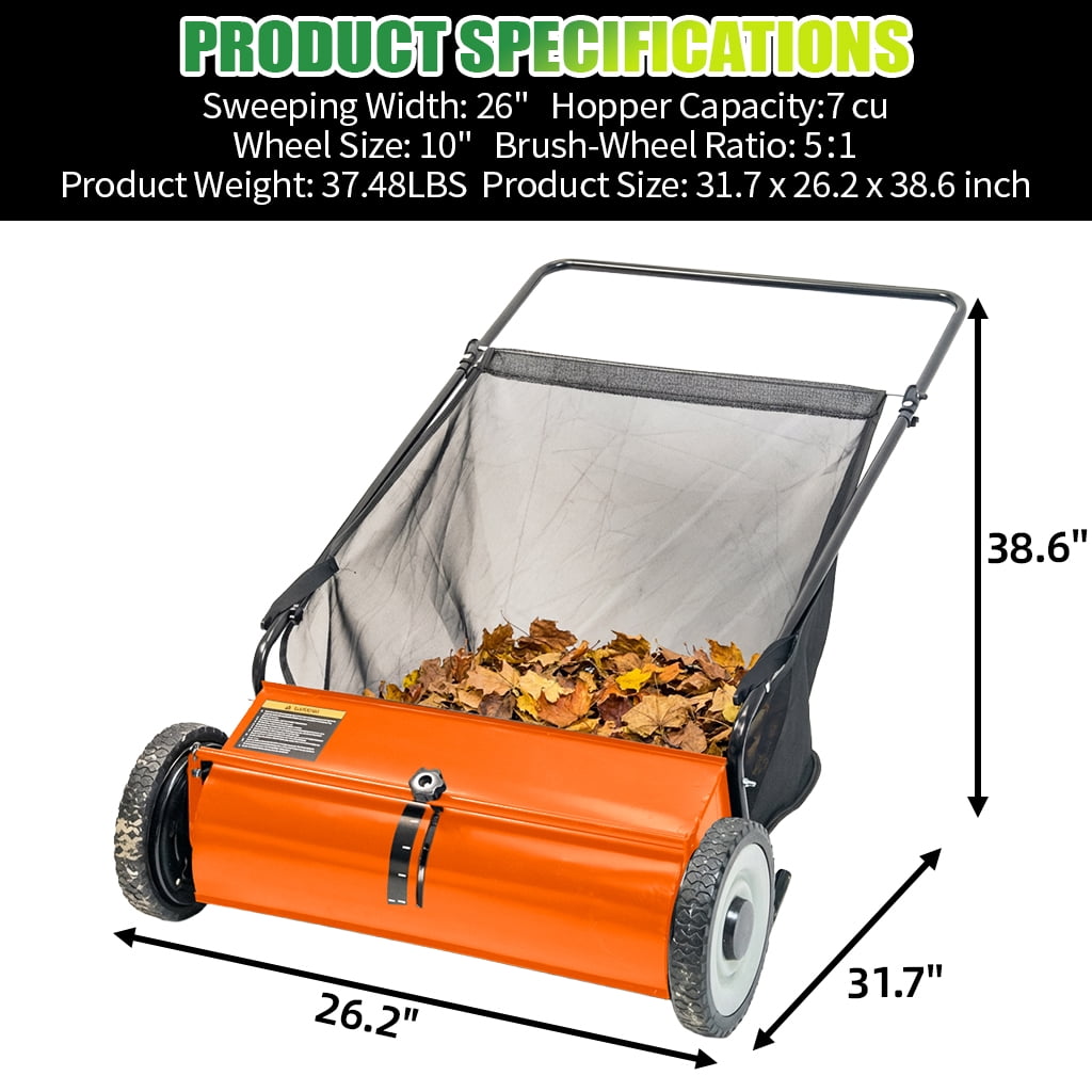 26" Push Lawn Sweeper, 7 cu.ft Large Capacity Yard Sweeper Push, Leaf Collector with Detachable Hopper, Rubber Wheels, Ergonomic Handle for Lawns, Yards & Gardens,Adjustable Height,Orange