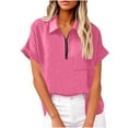 thumbnail image 2 of Sevevn Women's Lapel Short Sleeve Loose Half Zip Cotton And Linen Tunic Summer Work Clothes Shirt Blouse Early Access Deals Hot Pink XXL, 2 of 7