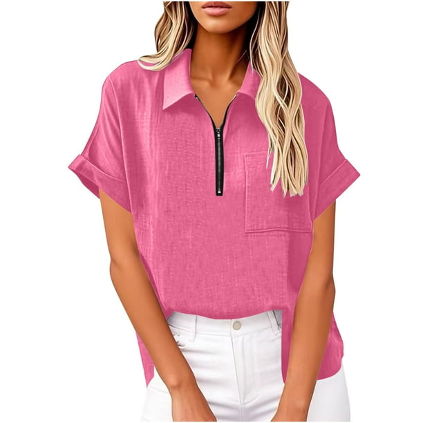 Vestidos Casuales Para Mujer, Blusas De Mujer De Moda Blusa tipo túnica de lino con media cremallera y manga corta con solapa para mujer, ropa de trabajo de verano