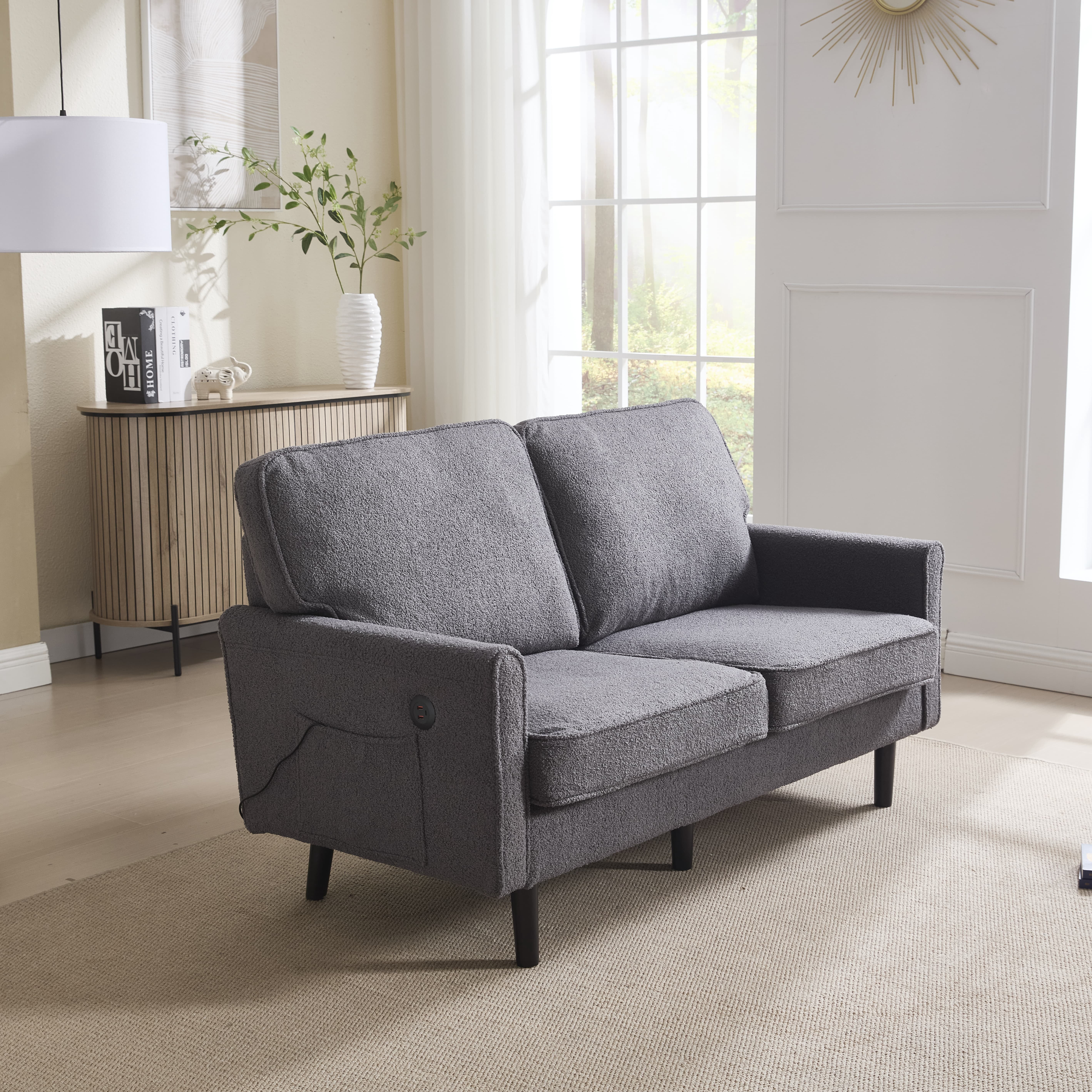 MAYEERTY Loveseat Sofa, Mid Century Modern Love Seat, 2 Seater Sofa Couches for Living Room, Small Couch with USB & Removable Pillow Cover, Comfy Couch for Bedroom, Apartment (Gray)