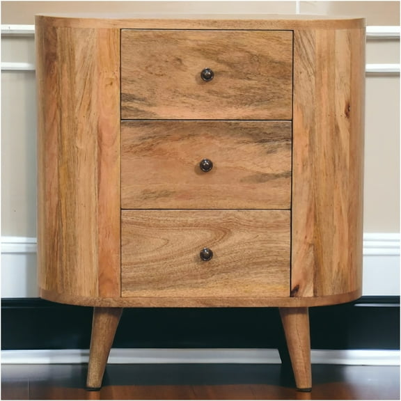 JERFIT 3-Drawer Mango Wood Storage Cabinet with Nordic Legs, Solid Wood Mini Chest, Oak Finish Brown Nightstand for Bedroom, Living Room