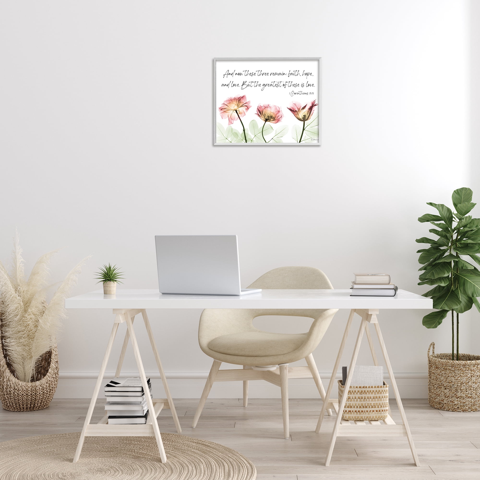 Stupell Industries Faith Hope Love Floral Religious Painting White Framed Art Print Wall Art, 20 x 16
