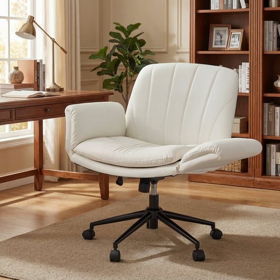 Goosea Comfortable Criss Cross Makeup Gaming Office Chair, PU Leather Swivel Design with Five Level Adjustable Arms and Wheels for Home Bedroom, Beige