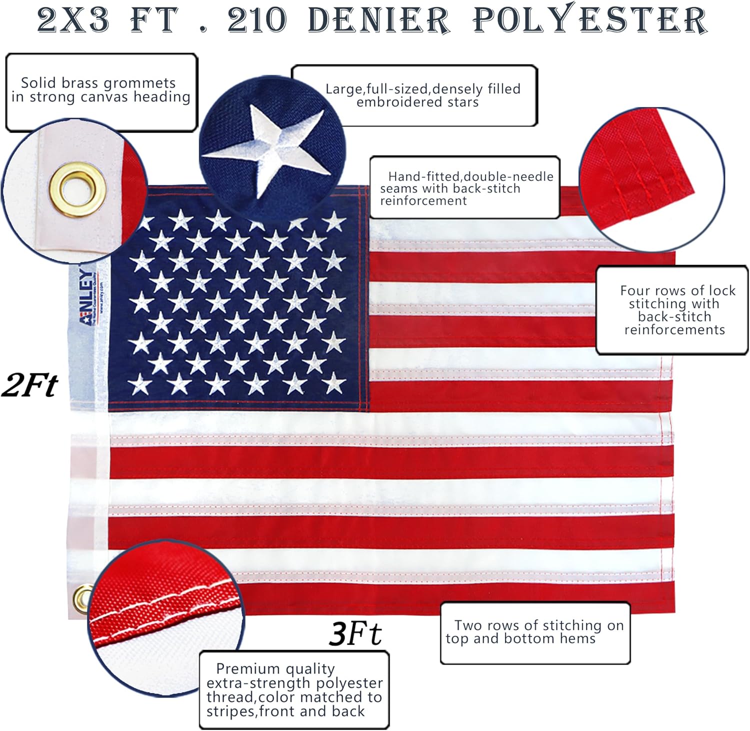(2 pack) ANLEY American US Flag 2x3 Ft Heavy Duty 210D Polyester - Embroidered Stars and Sewn Stripes - USA Banner Flags with Brass Grommets