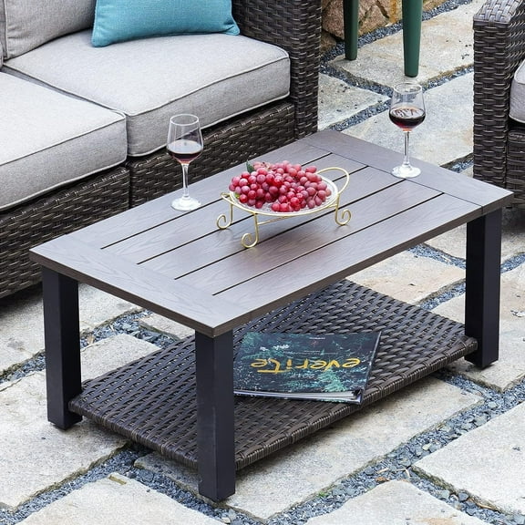 Grand Patio Outdoor Wicker Coffee Table, Patio Coffee Table Rectangle Center Table Side Table w/ Aluminum Steel Frame, Brown