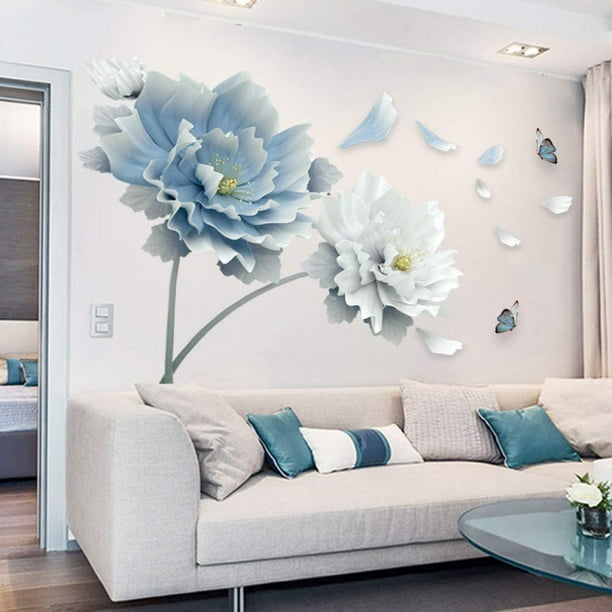 OIENS 23X35In 3D Large White Blue Flower Lotus Butterfly Removable Wall Stickers Wall Art Decals ...