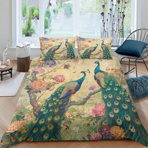 Pavo real Juego de cama Floral Pavos reales Funda Nórdica King Beatuiful Animales