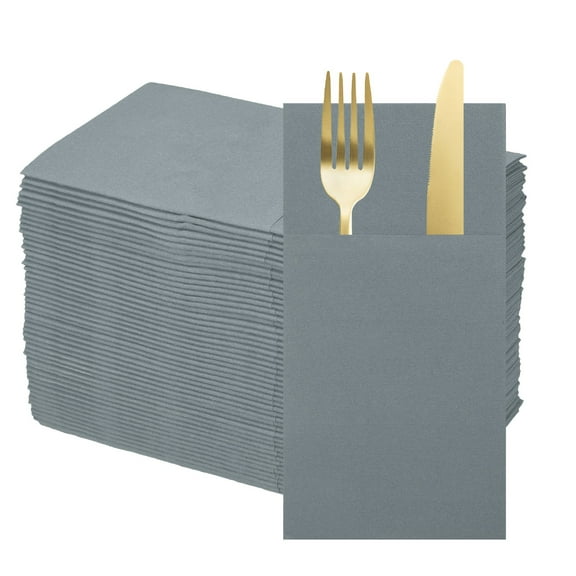 100 Pcs Disposable Linen Feel Napkins with Built-in Flatware Pockets, Paper Dinner Napkins for Knife and Forks Dark Grey